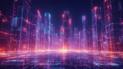 Futuristic Cityscape with Neon Lights and Wireframe Buildings