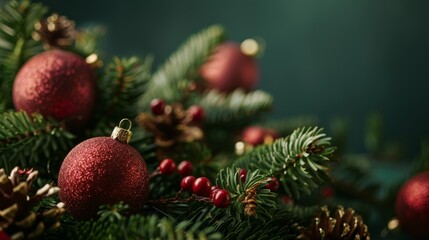 Fototapeta premium Close-up of Christmas tree branches adorned with red ornaments, pine cones, and berries, set against a green background.