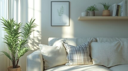 Minimalist Living Room with Light Colors and Vibrant Indoor Greenery : Generative AI