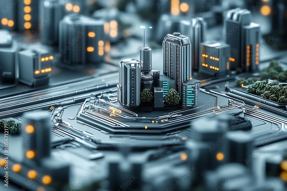 Aufkleber intricate cityscape model with skyscrapers and miniature trees in a digital environment : generative