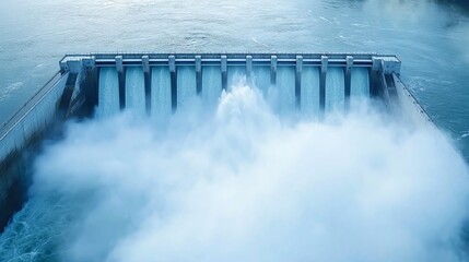 Aerial view of a dam releasing water, creating mist and energy. Captivating industrial landscape with flowing water.