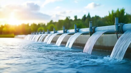 A serene scene of flowing water from pipes under sunlight, showcasing nature and technology in harmony.