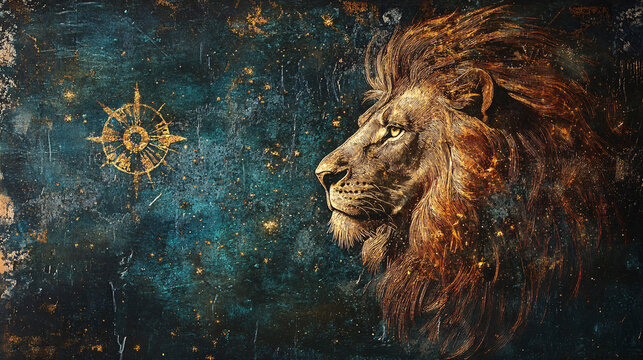 sign of the zodiac leo - portrait of a lion in a colorful universe with some galaxies and stars
