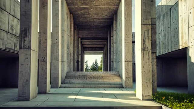 Brutalist courthouse with imposing concrete columns, stark, angular lines, and a severe, authoritarian presence. . Video
