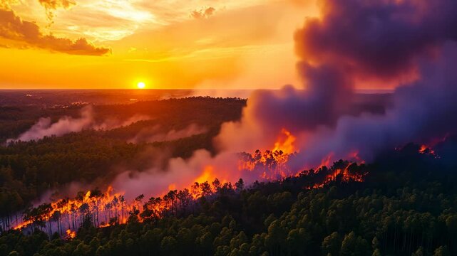 An aerial view of a forest fire burning at sunset