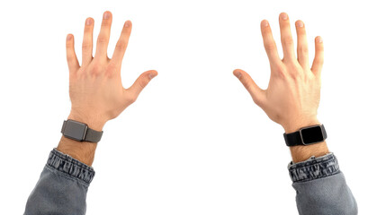 Caucasian Male Hands Showcasing Smartwatches on Clear Background Generative AI