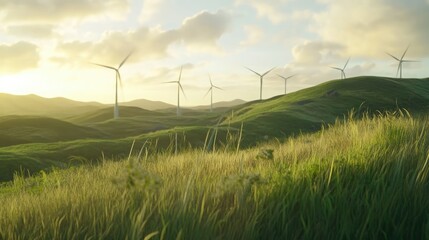 A scenic landscape featuring wind turbines on rolling hills, with green fields and a dramatic