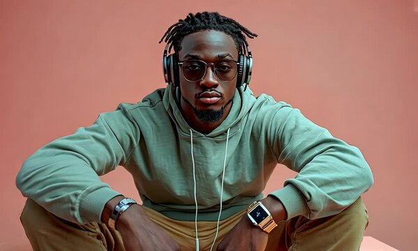 A stylish individual sitting on blocks, wearing headphones and casual attire.