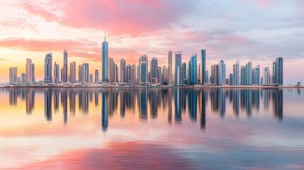 Fototapeta premium Stunning cityscape reflected in tranquil waters at sunset a breathtaking urban landscape experience