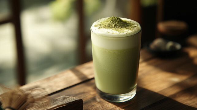 Green Tea Latte: A refreshing green tea latte with a thick layer of frothed milk and a sprinkle of matcha powder on top. Served in a tall glass and placed on a rustic wooden surface.
