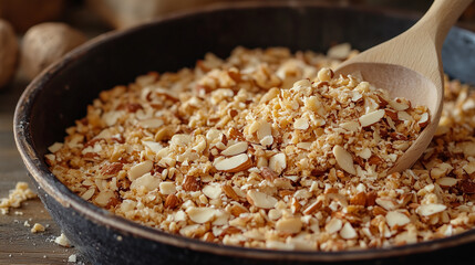 Almond Crumble Topping: A close-up shot of a rustic wooden spoon scooping up golden-brown almond crumble topping, creating a delicious and inviting visual for baking enthusiasts. 