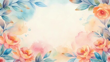 Watercolor Illustration of Empty Floral Frame on Paper Texture. Pink-orange blending into light blue for a spring-inspired look..