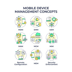 Mobile device management multi color concept icons. Data control, security. Privacy protection, corporate. Icon pack. Vector images. Round shape illustrations for infographic. Abstract idea