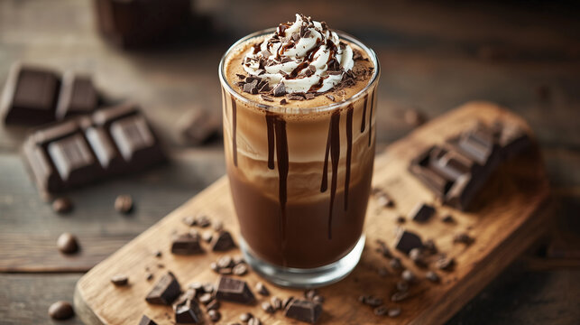 Indulge in a Chocolate Dream: A glass of rich, decadent coffee topped with whipped cream and chocolate drizzle, set against a backdrop of dark chocolate pieces and coffee beans.