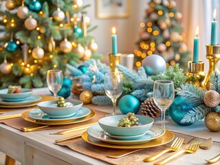 Elevate your Christmas dinner with golden silverware, delicate pastel blue decor, and fresh evergreen centerpieces, setting a joyful and elegant holiday atmosphere.