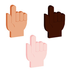 set of vector isometric palm icon with pointing finger in three skin colors