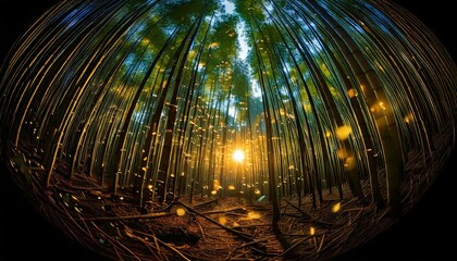 夜の竹林でホタルが飛ぶ自然風景　生成AI画像