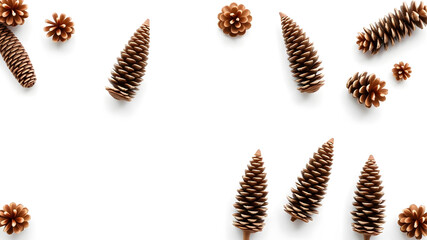 A white background with a bunch of pine cones scattered around it