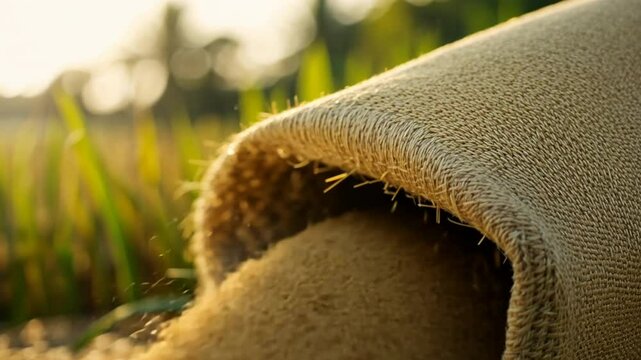 Golden Hour Harvest: Close-up of burlap sack filled with rice grains in a sun-drenched paddy field.  Warm light illuminates the scene, evoking a sense of abundance and the fruits of labor. 