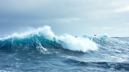 A captivating view of powerful ocean waves crashing under a cloudy sky, showcasing nature's raw beauty and strength.