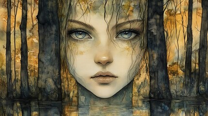 In this enchanting watercolor, a beautiful forest nymph with blue green eyes and dark brown eyebrows captivates the viewer with her serene expression