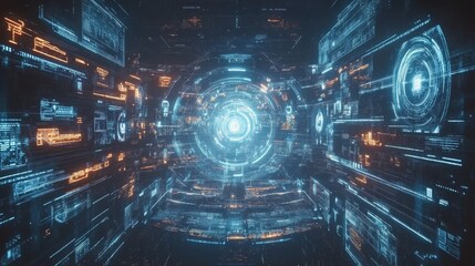 Futuristic digital interface with glowing blue and orange lines