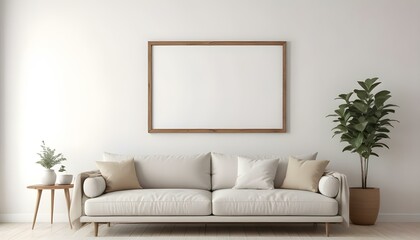 A minimalist living room with a white sofa, beige throw pillows, and a wooden frame on the wall
