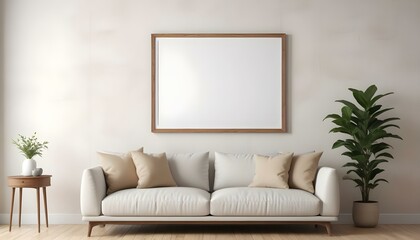 A minimalist living room with a white sofa, beige throw pillows, and a wooden frame on the wall