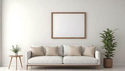 A minimalist living room with a white sofa, beige throw pillows, and a wooden frame on the wall