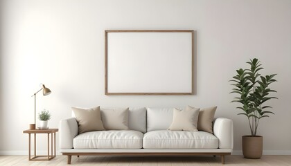 A minimalist living room with a white sofa, beige throw pillows, and a wooden frame on the wall