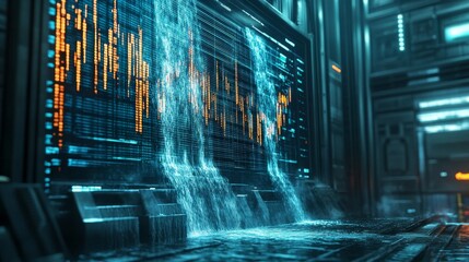 Futuristic Data Flow Visualization with Glowing Blue Water Cascade