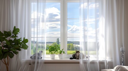 Bright living room, white window with sheer curtains, cat on sill, potted plant, sky view, landscape outside.