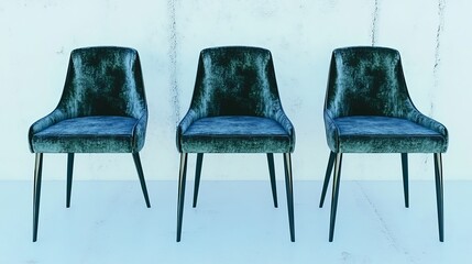 Four blue velvet dining chairs are shown, set against a plain white backdrop.