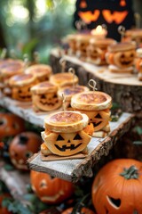 Pumpkin Patch Picnic Food Buffet Background with Jack-o'-Lantern Sandwiches and Pumpkin Pie Bites