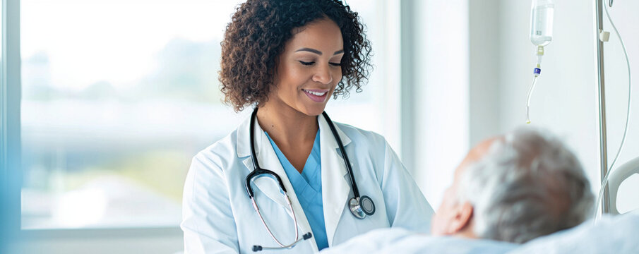healthcare professional smiling at patient in hospital setting, showcasing compassion and care. doctor wears white coat and stethoscope, creating warm atmosphere