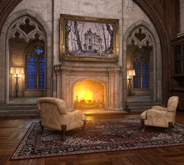 Antique library interior 3d render. No AI used
