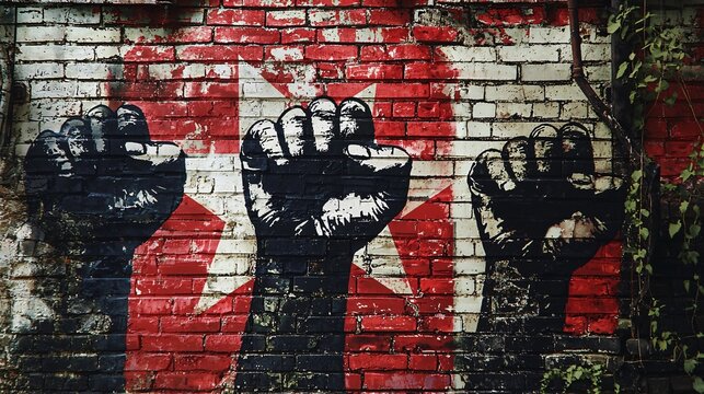 A striking image captures powerful labor symbols and clenched fists on walls, embodying a profound spirit of unity and resistance.