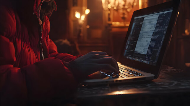 Person Typing on a Laptop in a Dark Room - Realistic Photo