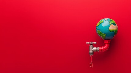 A globe with a faucet attached, dripping a single red drop against a red background, symbolizing the fragility of our planet and the need for conservation.