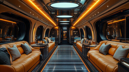 Luxurious train car interior with leather reclining seats, individual touchscreens, and a contemporary decor scheme