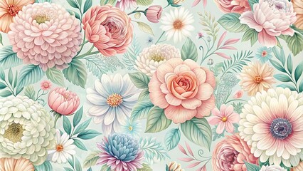 Whimsical floral pattern featuring oversized flowers in pastel colors, vintage flair, floral patterns, whimsical designs