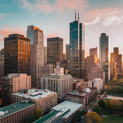 Naklejka premium An aerial view of a city skyline at dusk, with the sun casting a warm orange glow on the buildings. 