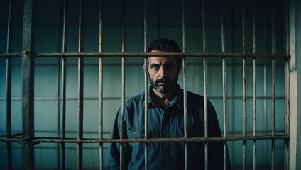 Portrait of Incarcerated Man Behind Prison Bars in Moody Lighting