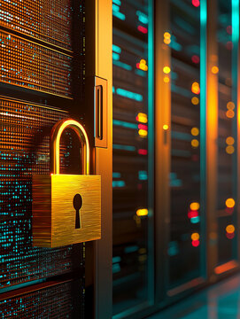 Golden padlock on a server rack door..