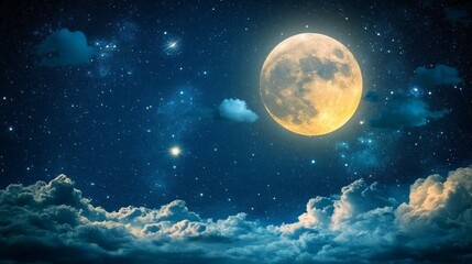 Full Moon, Stars, and Clouds in a Night Sky