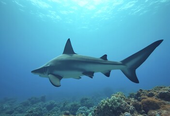 A large gray shark swimming in clear blue water over a coral reef