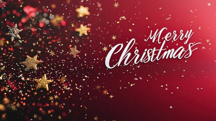 Minimalist "Merry Christmas" message in white cursive font on a red background, with a scattering of golden stars and tiny snowflakes creating a festive holiday atmosphere