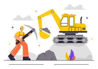 Mining Company Vector Illustration Featuring Heavy Yellow Dumper Trucks for Industrial Sand Mining Process or Transportation in a Flat Background