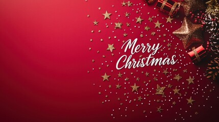 Minimalist "Merry Christmas" message in white cursive font on a red background, with a scattering of golden stars and tiny snowflakes creating a festive holiday atmosphere