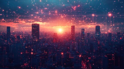 Fototapeta premium A Cityscape at Dusk with an Interconnected Network of Red Lights